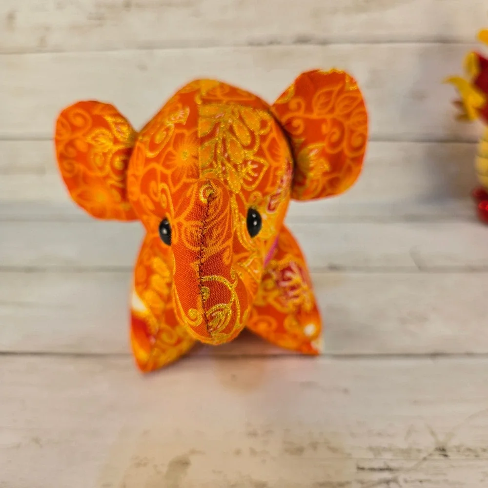 Chinese Zodiac Plush Set Red Sequin Dragon and Orange Floral‎ Elephant Decor